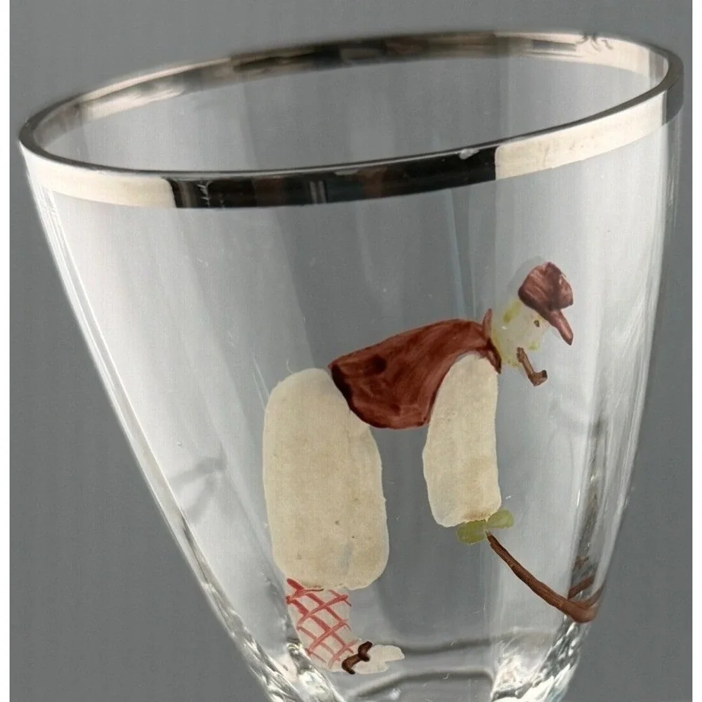 Vintage Hand Painted Golfer Cordial Glasses Pair Silver Rim 2 3/4